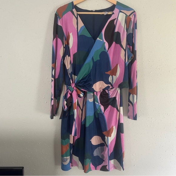 Hutch Pink and Blue Long Sleeve Faux Wrap Sundress Colorblock Mini Dress Casual - Picture 1 of 8